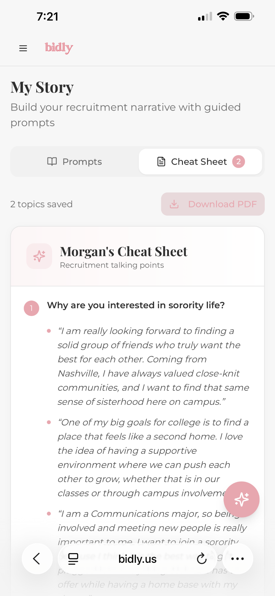 My Story Cheat Sheet with saved recruitment talking points