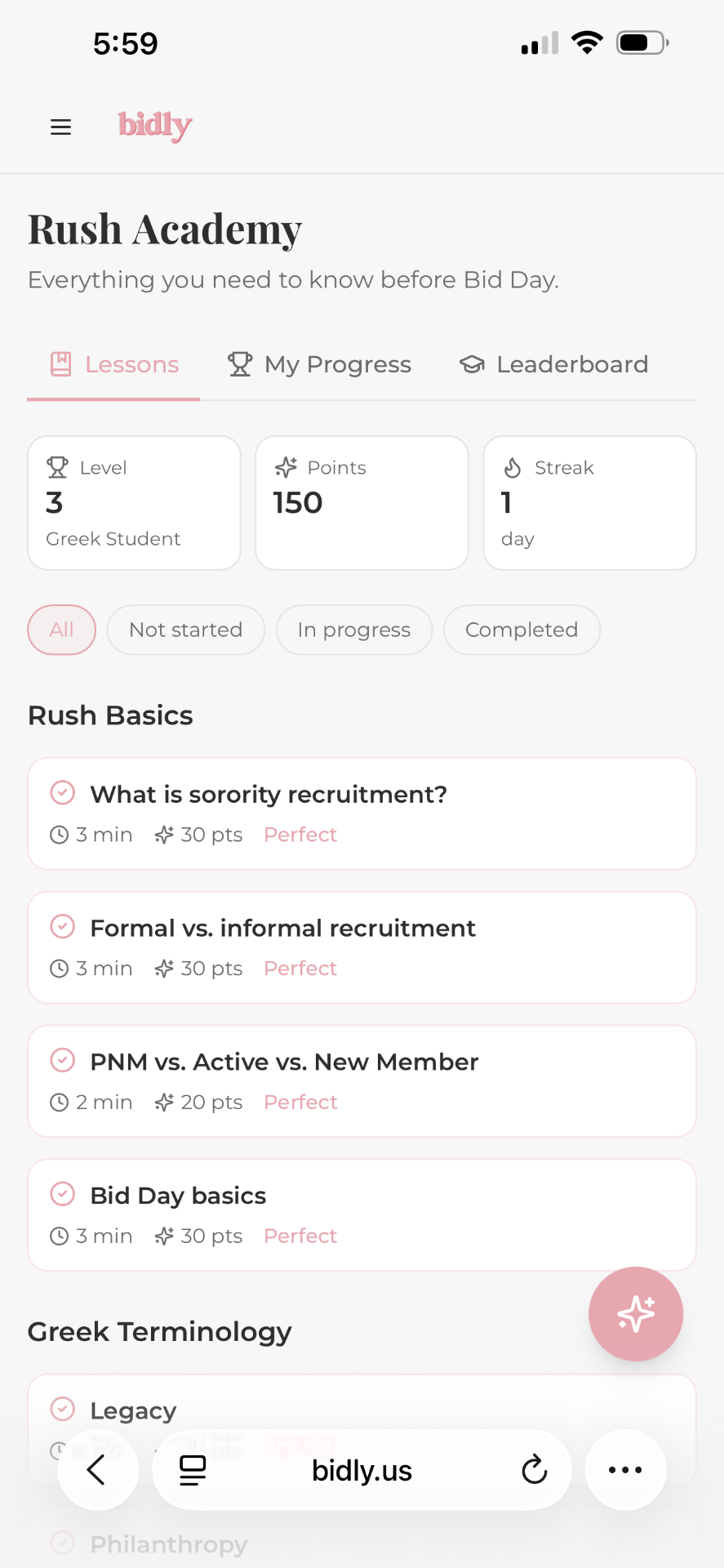 Bidly Rush Academy lessons and progress